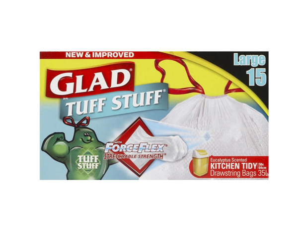 Glad Kitchen Tidy Bag Tuff Stuff Drawstring Large 15 Pack